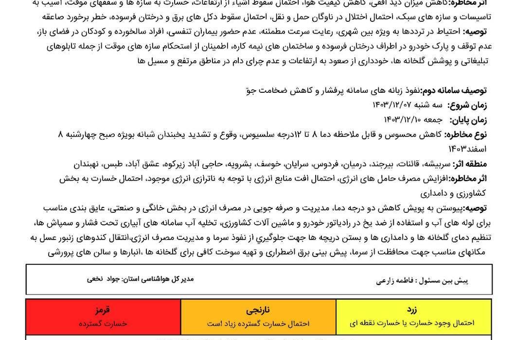 هشدار سطح نارنجی هواشناسی در خراسان جنوبی