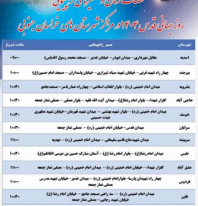 مسیر های راهپیمایی روزجهانی قدس در خراسان جنوبی